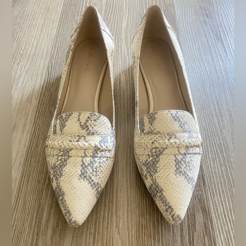 Cole Haan Women's Pointed Toe Snake-Print Flats in Cream and Gray